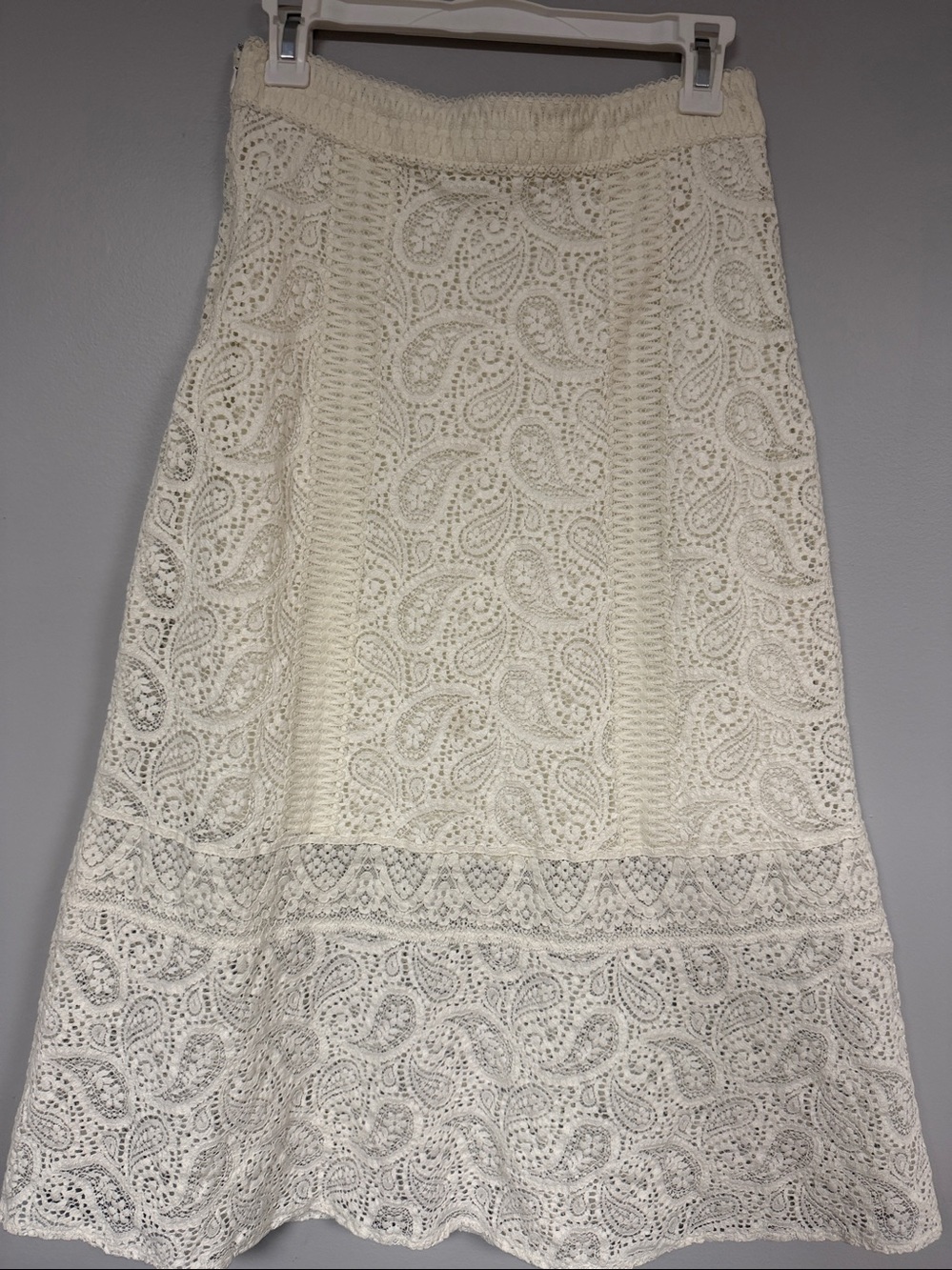 ba&sh Boho Cowgirl Midi Skirt, Cream Lace, Lined to Knees, Side Zip, 38 ( US 6)